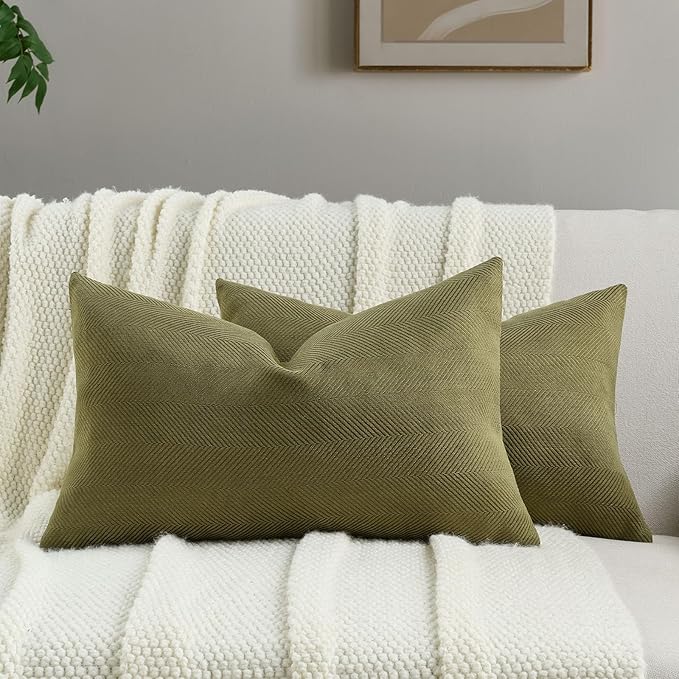 FUTEI Olive Green Chenille Throw Pillow Covers 12x20 Inch Set of 2,Soft Wide Chevron Textured Lumbar Pillow Cases,Farmhouse Home Decor for Couch Bed Living Room