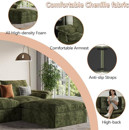 EASE MOOSE Oversized Cloud Couch Sectional Sofa, U-Shaped Modular Couch for Living Room, Minimalist Boneless Convertible Couches with Ottoman, 5-Seat Deep Sofas for Bedroom, Chenille (Green)