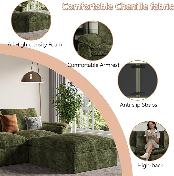 EASE MOOSE Boneless Modular Cloud Couch, U-Shaped Oversized Sectional Sofa for Living Room with Ottoman, Extra Large Movable Couches, 6-Deep-Seat Sofas for Bedroom, Apartment, Chenille (Green)