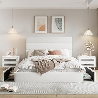 Allewie Modern Full Size Platform Bed Frame with 4 Storage Drawers and Velvet Upholstered Headboard, Wooden Slats Support, Upholstered Mattress Foundation/No Box Spring Needed/Easy Assembly, White