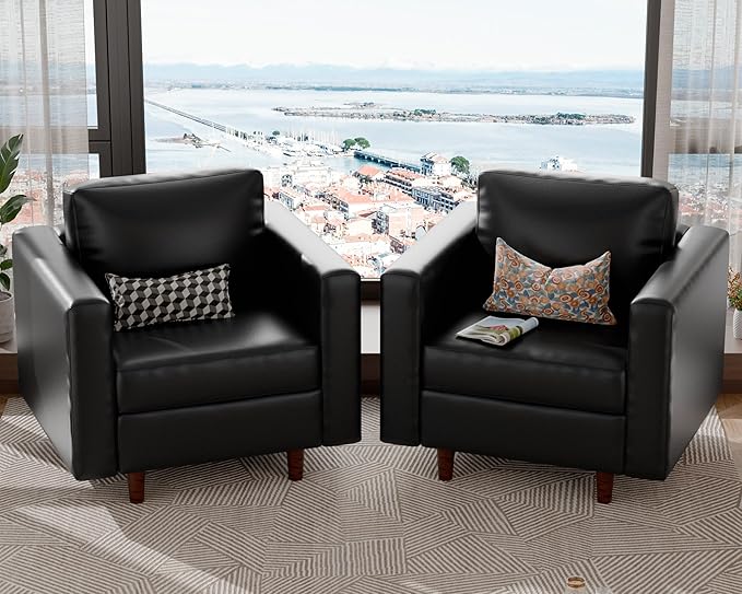 ABCASA Faux Leather Oversized Accent Chair with Storage Deep Seat Single Sofa Large Reading Armchair for Living Room Bedroom Office Black Set of 2