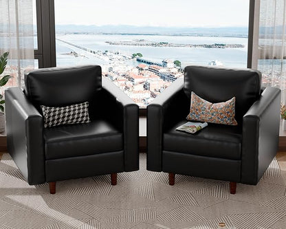 ABCASA Faux Leather Oversized Accent Chair with Storage Deep Seat Single Sofa Large Reading Armchair for Living Room Bedroom Office Black Set of 2