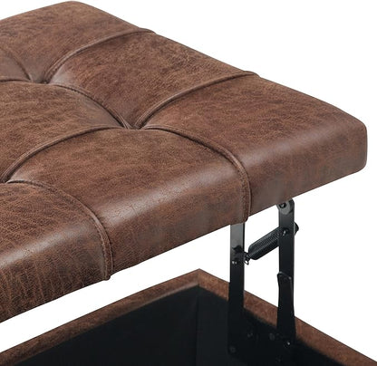 SIMPLIHOME Harrison 36 inch Wide Transitional Square Coffee Table Storage Ottoman in Distressed Umber Brown Vegan Faux Leather, Assembled, For the Living Room and Bedroom