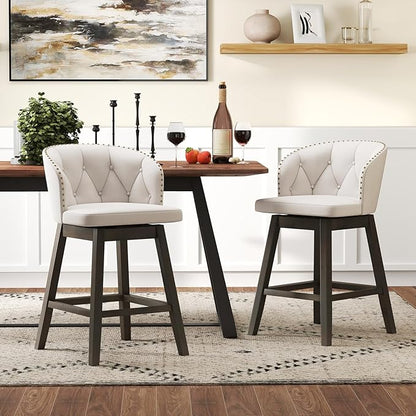 COSTWAY Counter Height Bar Stools Set of 4, Fabric Upholstered Island Stools with 360° Swivel Seat & Button-Tufted Back, Modern Pub Stools with Solid Rubber Wood Frame (Beige,4)