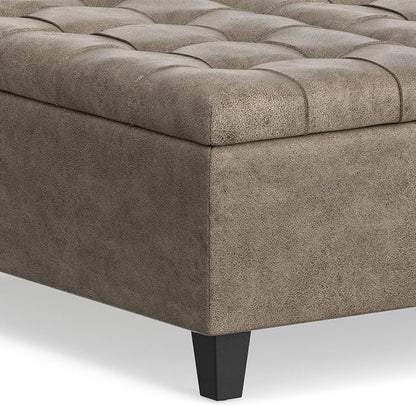 SIMPLIHOME Harrison Coffee Table Storage Ottoman - 36 inch Wide Upholstered Faux Leather Square Lift-Top Ottoman in Distressed Smoky Grey Brown, Transitional Ottoman for Living Room with Storage