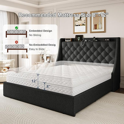 Full Size Upholstered Platform Bed Frame with 4 Storage Drawers and Charging Station, Linen Button Tufted Wingback Headboard, Sturdy Wooden Support Slats, No Box Spring Needed, Dark Grey