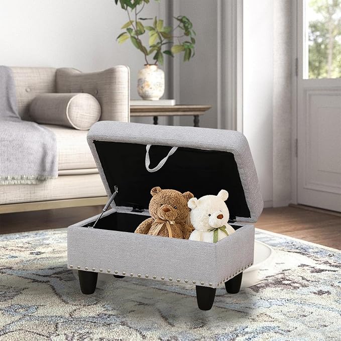 Linen Fabric Storage Ottoman with Nailhead Trim, 28.5"X19.5"X17.5" Footrest Stool, Hidden Storage Foot Stool for Living Room, Bedroom Furniture, Light Gray