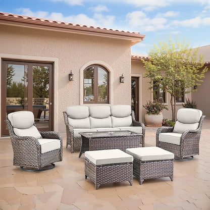 Swivel Patio Chairs sofa Set of 5 with 6" Thick Cushion - Wicker Outdoor Swivel Rocker Patio Chair with Side Table, High Back Comfortable Outdoor Glider Chairs - Brown Wicker | Beige Cushions