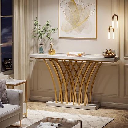 LITTLE TREE Narrow Entryway Console Table,Faux Marble White+Gold