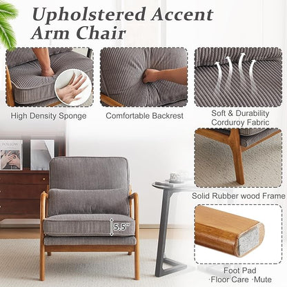 VINGLI Upgraded Premium Corduroy Accent Chair,Upholstered Arm Chair,Solid Wood Comfy Reading Chair with Lumbar Pillow, Mid Century Modern Chairs for Living Room,Bedroom,Guest Room,Light Grey