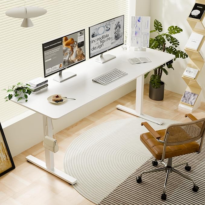 ERGOMAKER Electric Standing Desk, 67" x 23.6" Height Adjustable Sit Stand Desk with Splice Board for Home Office, Computer Table Memory Preset (White Frame, White Desktop)