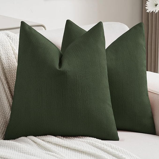 FUTEI Christmas Dark Green Chenille Decorative Throw Pillow Covers 24x24 Inch Set of 2,Soft Cozy Striped Geometric Patterns European Cushion Cases,Modern Home Decor for Couch Bed Living Room