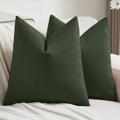 FUTEI Christmas Dark Green Chenille Decorative Throw Pillow Covers 26x26 Inch Set of 2,Soft Cozy Striped Geometric Patterns Euro Pillow Shams,Modern Home Decor for Couch Bed Living Room