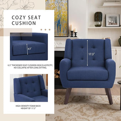 Accent Chairs Set of 4, Mid-Century Modern Upholstered Armchair, Comfy Fabric Living Room Chairs Reading Chairs with Button Tufted Back & Solid Wood Legs for Bedroom, Office, Blue