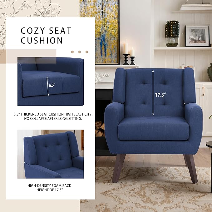Accent Chair, Mid-Century Modern Upholstered Armchair, Comfy Fabric Living Room Chairs Reading Chairs with Button Tufted Back & Solid Wood Legs for Bedroom, Office, Blue