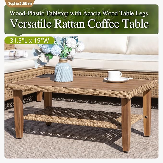 Sophia and William Boho Wicker Patio Furniture Set, Outdoor Rattan Sectional Sets Conversation Set - Weather-Resistant, with Dual Storage Coffee Table Acacia Wood Legs for Garden, Patio & Deck(Beige)