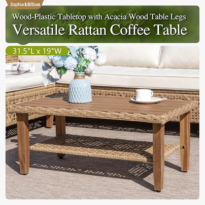 Sophia and William Boho Wicker Patio Furniture Set, Outdoor Rattan Sectional Sets Conversation Set - Weather-Resistant, with Dual Storage Coffee Table Acacia Wood Legs for Garden, Patio & Deck(Beige)