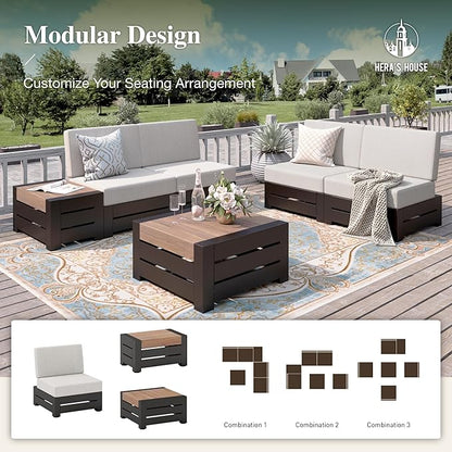 HERA'S HOUSE Patio Furniture Set, 4 Pieces All-Weather Outdoor Sectional Sofa with 28" Coffee Table & 5.9" Thick Waterproof Cushions, Modular Conversation Set for Garden Deck Backyard (Easy Assembly)