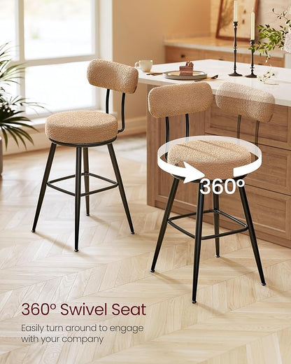 VASAGLE 360° Swivel Bar Stools Set of 2, Counter Height Bar Stools with Back, Boucle Fabric, Contemporary Modern, 25.4 Inch Tall, Kitchen and Home Bar, Camel Brown ULBC130K01V1