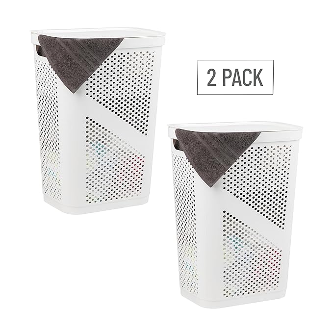 Mind Reader 60L Slim Laundry Hamper, Clothes Basket, Lid, Ventilated, Plastic, Set of 2, White