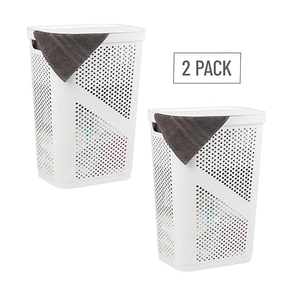 Mind Reader 60L Slim Laundry Hamper, Clothes Basket, Lid, Ventilated, Plastic, Set of 2, White