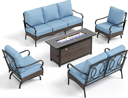 PHI VILLA Patio Furniture Set with 56" Fire Pit Table, Premium Outdoor Wicker Metal Frame Furniture with Upgraded Waterproof Thick Cushions for Porch, Poolside, Deck, and Yard