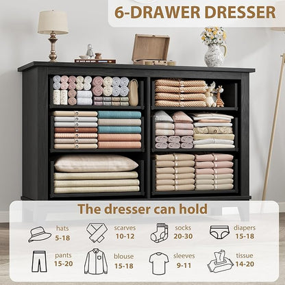 GarveeHome 6 Dresser for Bedroom, 47 in Wide Drawer Dresser with Storage Freestanding, Wooden Closet Storage Chest for Living Room, Bedroom, Entryway, Black