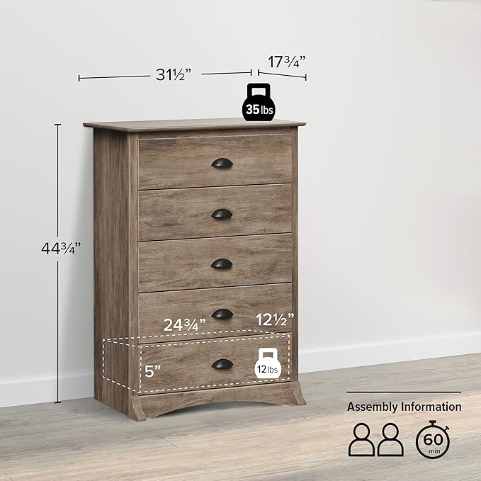 Prepac Sonoma Rustic 5-Drawer Tall Dresser for Bedroom, Farmhouse Dresser Chest of Drawers 17.75" D x 31.5" W x 44.75" H, Drifted Gray