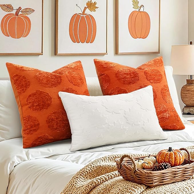 decorUhome Decorative Rust Pumpkin Thanksgiving Throw Pillow Covers 18x18 Set of 2, Soft Chenille Jacquard Farmhouse Textured Pillow Covers for Couch Bed Sofa Autumn Harvest Halloween Holiday