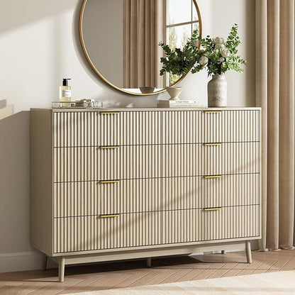 CARPETNAL Fluted 8 Drawer Dresser for Bedroom, 55" Wide Wooden Chest of Drawers with Rounded Corners, Gold Handles, Modern Storage Organizer for Bedroom, Hallway(Beige)
