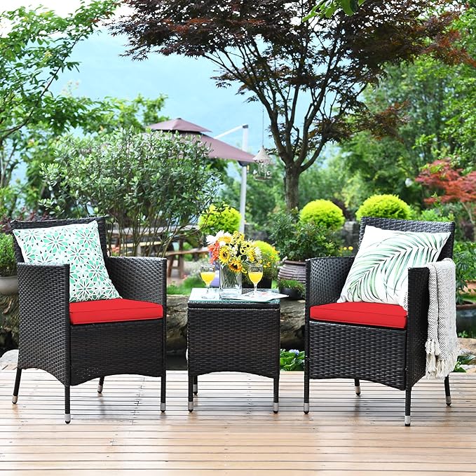 COSTWAY 3 PCS Patio Furniture Set, Outdoor Wicker Conversation Set with Tempered Glass Coffee Table, Seat Cushions, Rattan Wicker Chairs for Poolside Balcony Porch Backyard, Red