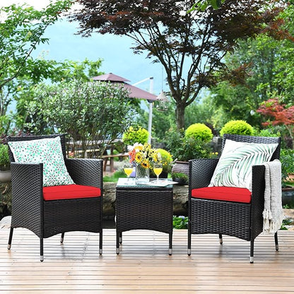 COSTWAY 3 PCS Patio Furniture Set, Outdoor Wicker Conversation Set with Tempered Glass Coffee Table, Seat Cushions, Rattan Wicker Chairs for Poolside Balcony Porch Backyard, Red