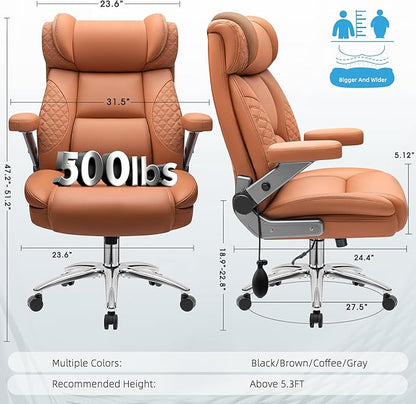 Office Chair, 5D Flip Arm Ergonomic Desk Chair with Adjustable Lumbar Support for Back Pain, Extra Wide 500LBS Comfy Big and Tall Office Chair, Executive Leather Computer Game Chair for Heavy People