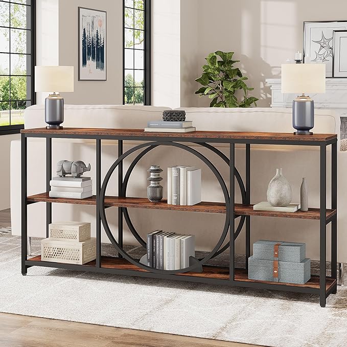 Tribesigns Extra Long Console Table, 70.9 inch Narrow Sofa Tables with 3 Tier Wood Storage Shelves Industrial Metal Frame for Entryway Hallway Living Room Behind Couch, Rustic Brown Black