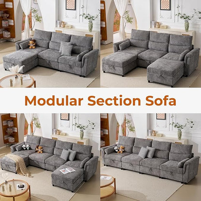 132'' Modular Sectional Sofa, U Shaped Comfy Cloud Couch with Large Storage, Extra Deep Seat, Modern Chenille Sofa with Chaise, 6 Seat Convertible Couches for Living Room, Grey