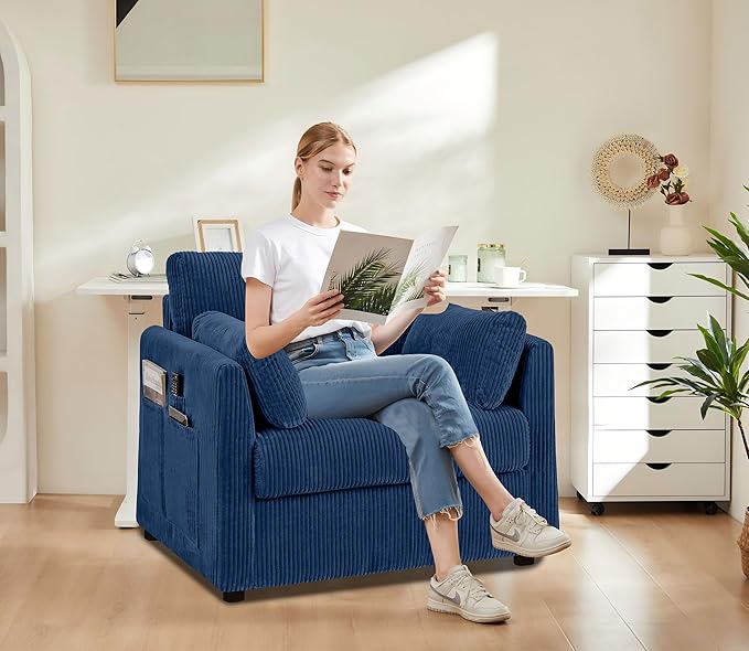 Accent Chair Set of 2 Living Room Chairs in Corduroy Fabric,Reading Chair Sofa Couches for Apartment Bedroom and Small Spaces. (Blue, 2 Chairs)