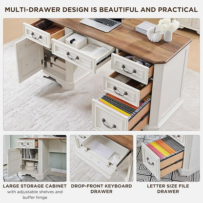 T4TREAM 59" Farmhouse Executive Desk with Drawers,Wood Home Office Computer Desk, Featuring Keyboard Tray,Charging Station,File Drawer, Storage Cabinet,for Work and Study (Antique White)