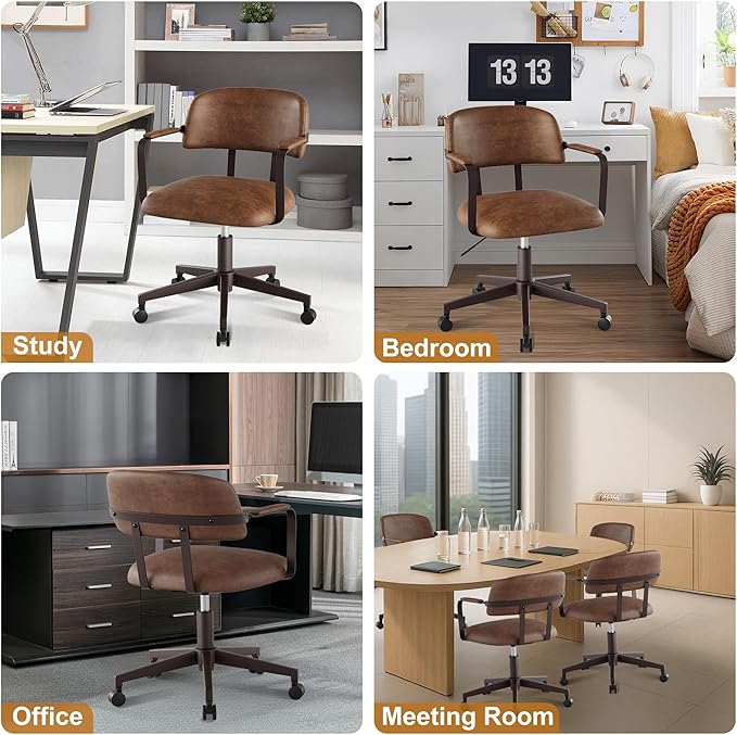 Home Office Desk Chair, Mid-Century Style Desk Chair with Padded Arms, Adjustable Seat Height, Mid Back 360° Small Computer Chair with Mobile Mute Wheel, PU Leather (Brown)