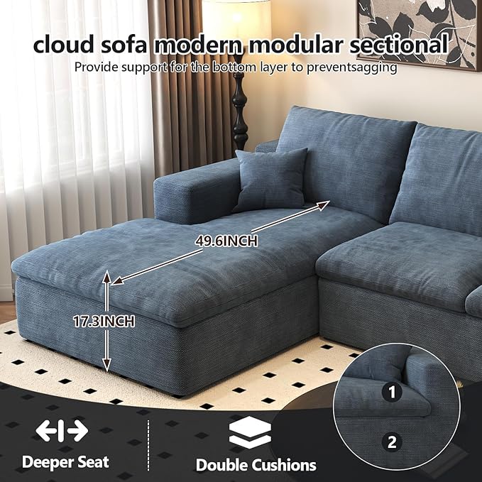 136.6'' L-Shaped Modern Modular Sectional Cloud Couch, 4-Seat Chenille Deep-Seat Sofa with Pillow for Living Room, Bedroom, Apartment, Ocean Blue