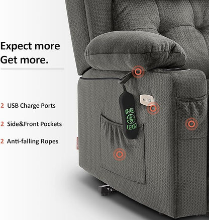 MCombo Small Triple Motor Power Lift Recliner Chair with Massage and Heat for Petite Elderly People, Adjustable Headrest, Infinite Position, USB Ports, Fabric 7664 (Grey, Small)