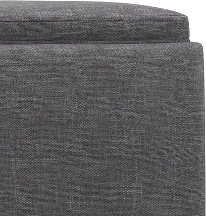 SIMPLIHOME Natasha 18 inch Wide Mid Century Square Mid Century Storage Ottoman with Tray in Slate Grey Polyester Linen, Assembled, For the Living Room, Entryway and Family Room
