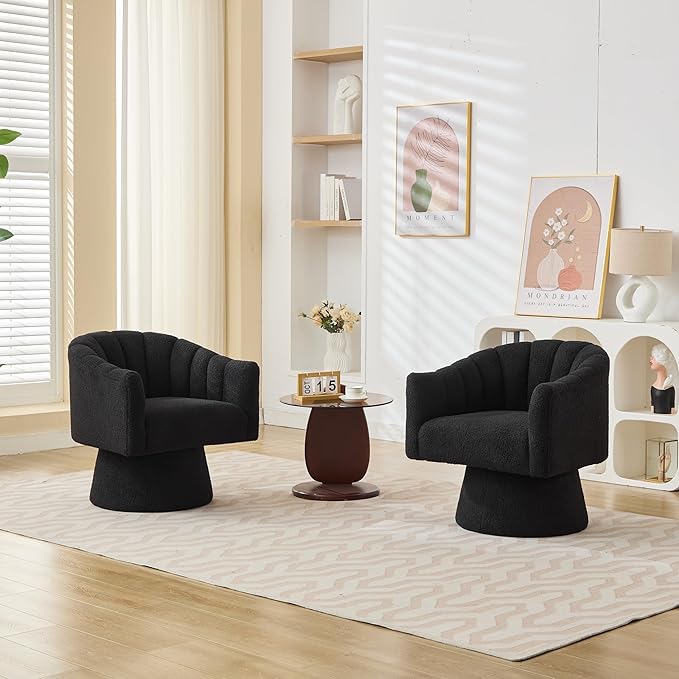 Swivel Accent Chair Set of 2, Upholstered Teddy 360° Swivel Barrel Chair for Living Room Overstuffed Bouncle Reading Chair Round Armchair for Bedroom,Vanity,Office-Black