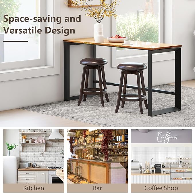 COSTWAY 24-Inch Swivel Bar Stools Set of 2, Upholstered Barstools w/PU Leather Seat & Solid Rubber Wood Legs, Mid-Century Backless Round Counter Height Stools w/Footrest for Kitchen Home Bar