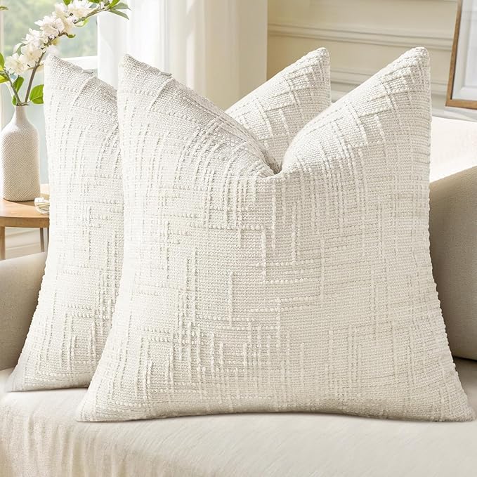 decorUhome Christmas Cream White Chenille Throw Pillow Covers 16x16 Set of 2 Thick Textured Slubby Couch Pillow Covers Farmhouse Accent Modern Neutral Decorative Pillow Cases for Bed Sofa Living Room