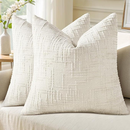 decorUhome Christmas Cream White Chenille Throw Pillow Covers 16x16 Set of 2 Thick Textured Slubby Couch Pillow Covers Farmhouse Accent Modern Neutral Decorative Pillow Cases for Bed Sofa Living Room