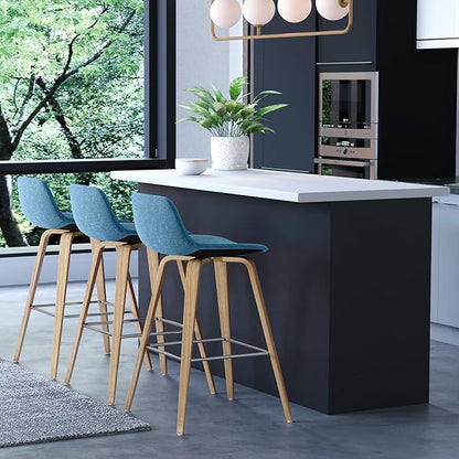 SIMPLIHOME Randolph Counter Stools (Set of 2) - 28 Inch Seat Height Upholstered Bentwood Kitchen Seats in Medium Blue Polyester Linen, Mid Century Modern Seating with Curved Backrest and Footrest