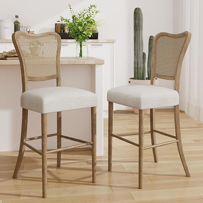Christopher Knight Home Collda Modern Upholstered Barstools, Wicker Backrest, Vintage Classic Style for Home Bar, Living Room, Kitchen Counter (Set of 2), Dark Brown+Beige