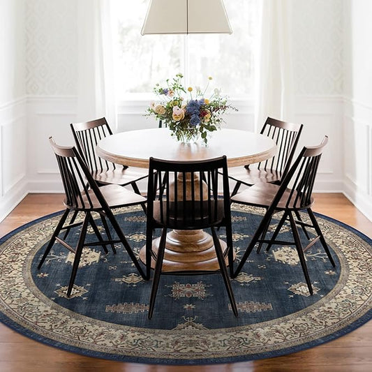 RUGGABLE Washable Vintage Area Rug – Verena Sapphire 6 ft Round, Stain-Resistant, Non-Slip – Medium Machine Washable Rugs for Living Room, Bedroom, Hallway, Entryway & Office–with Standard Pad
