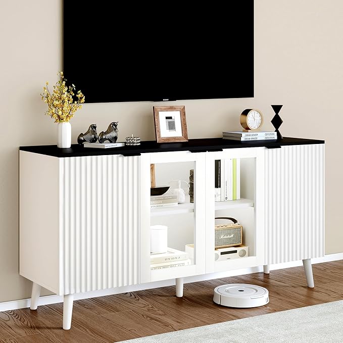 JASIWAY Buffet Cabinet with Storage 55" Fluted Sideboard with Glass Door Modern Coffee Bar Table Accent Credenza Cabinet for Dining Room, Kitchen, Living Room, Hallway, White and Black
