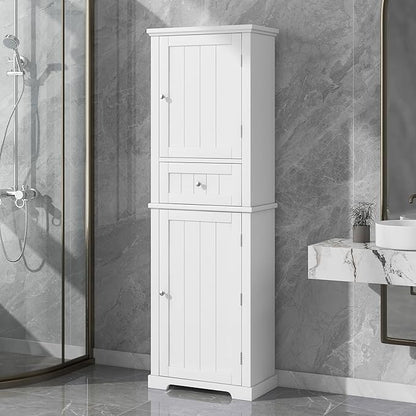 Tall Storage Cabinet, Bathroom Floor Freestanding Storage Cabinet with 2 Doors, One Drawer, and Adjustable Shelf for Bathroom, Office, Living Room, White